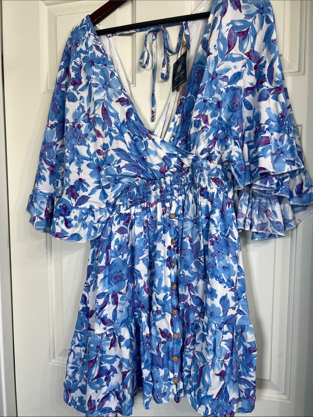 easel Blue and Violet Floral Tie-Back Wrap Dress